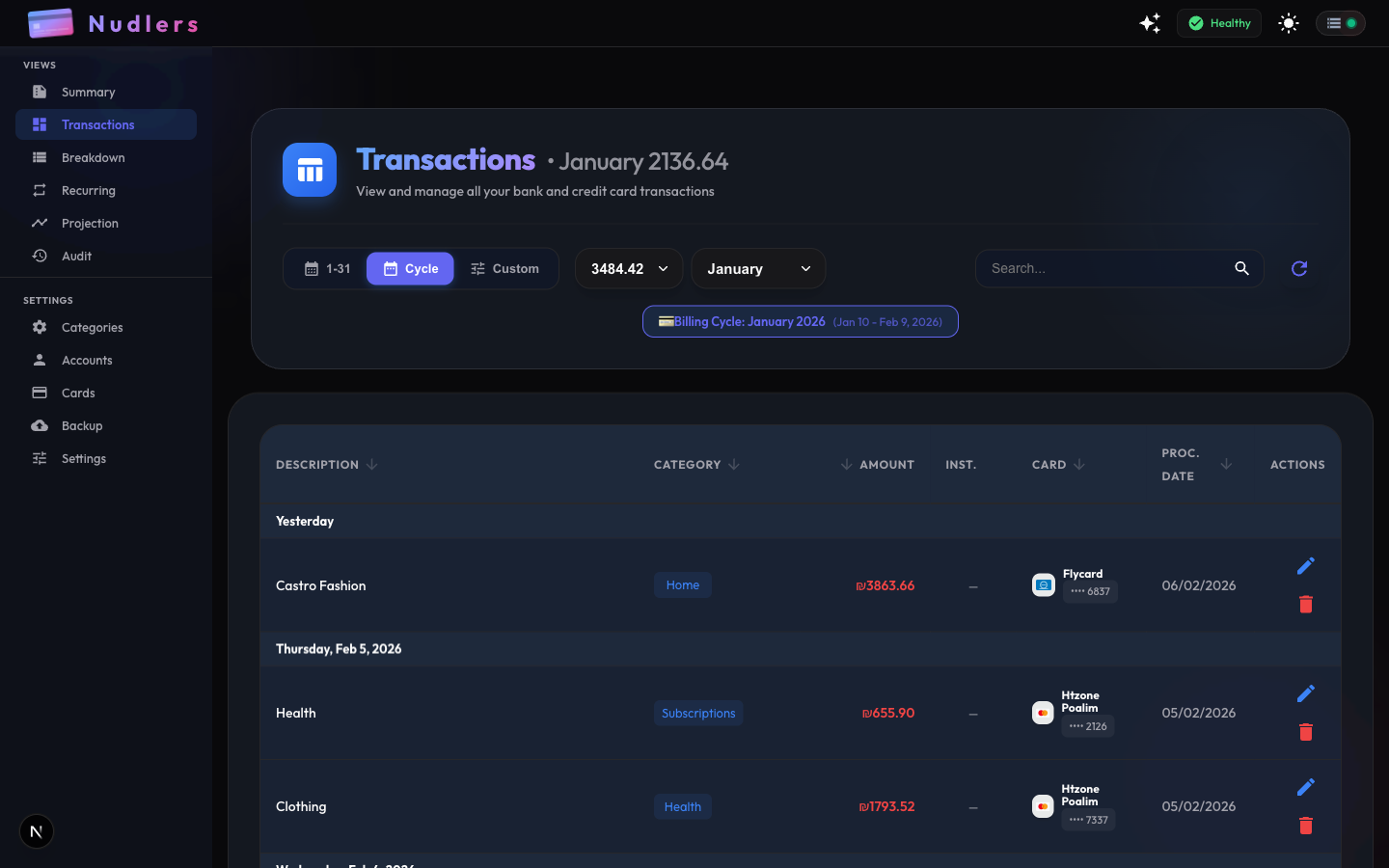 Transactions view with search and filtering
